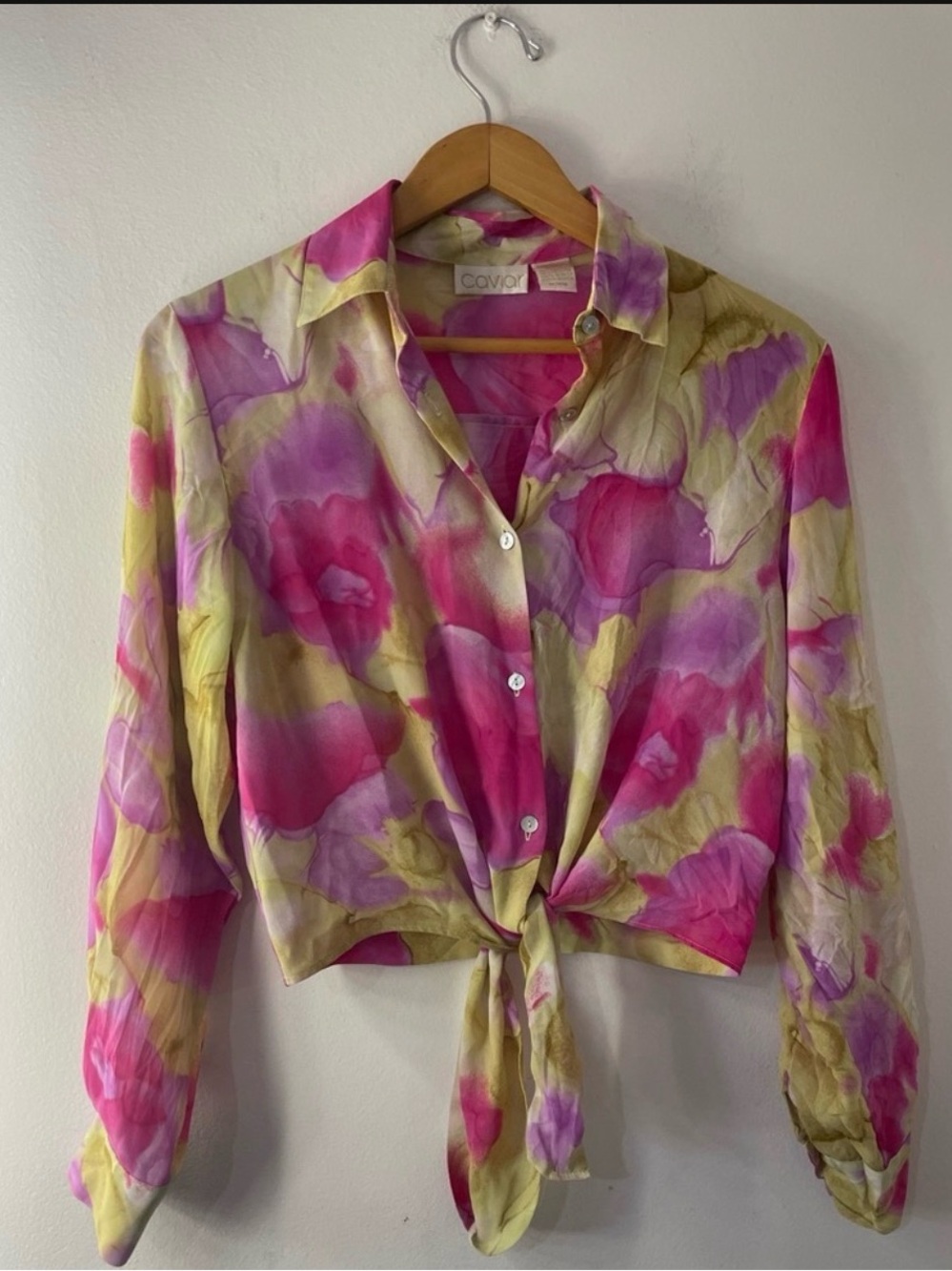 Covet Floral Tie-Front Button Down Shirt - Pink & Cream